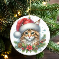 Santa Hat Kitten with Poinsettia Ornament, Cat Christmas Ornament, Adorable Pet Lover Tree Ornament, Ceramic Holiday Keepsake Present