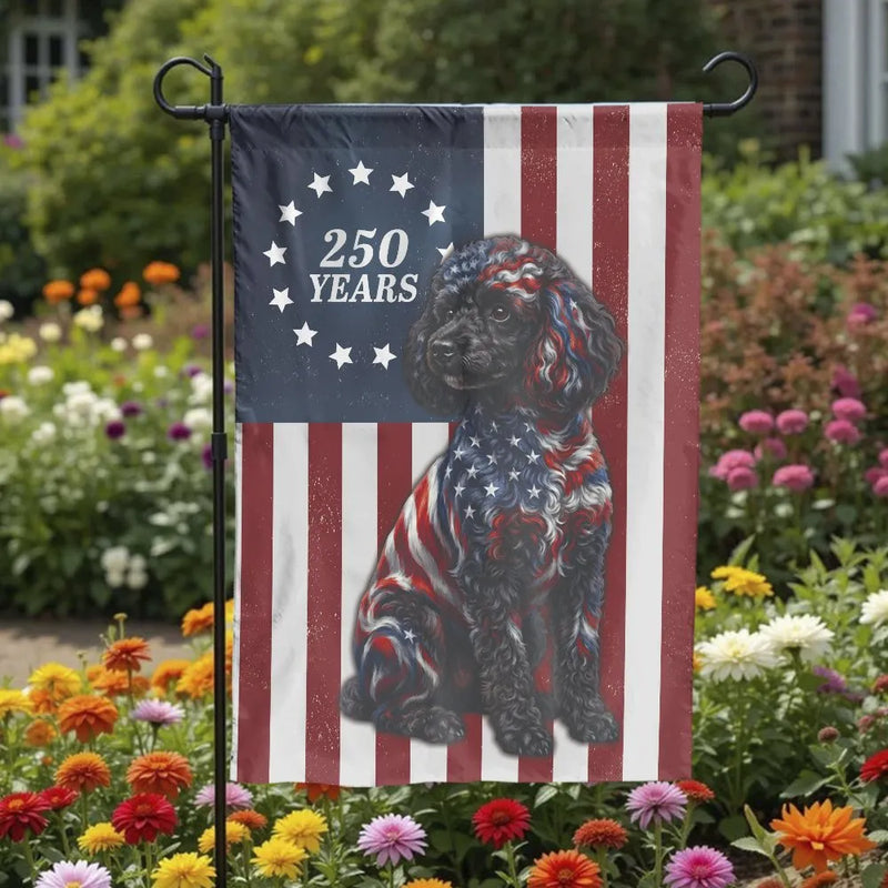 Patriotic Poodle Garden Flag | 250 Years US Semi-Quincentennial Celebration | Double Sided Premium Outdoor Polyester | USA Pride Yard Decor Gift for Dog Lovers
