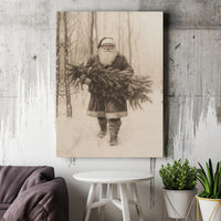 Sketch Santa Carrying Tree Canvas Print, Vintage Santa Claus Wall Art, Rustic Christmas Canvas Decor, Holiday Canvas Art, Xmas Home Present