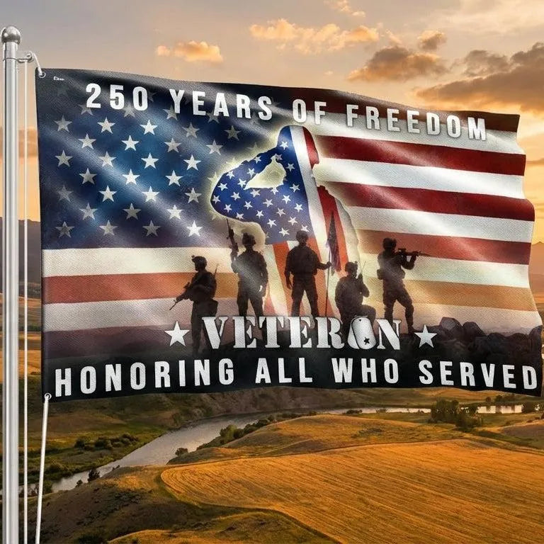 250 Years of Freedom Veteran Flag | American Flag Military Tribute | UV-Resistant Polyester Grommet Flag | Patriotic Home Decor Gift