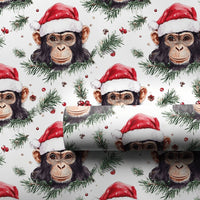 Santa Hat Monkey Gift Wrap, Chimpanzee Christmas Wrapping Paper, Humorous Animal Holiday Paper, Festive Pine Berry Present Wrapping Paper