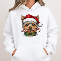 Santa Hat Yorkie Hooded Sweatshirt, Yorkie Christmas Hoodie, Adorable Candy Cane Dog Hoodie, Holiday Pet Lover Present, Comfy Festive Xmas Hoodie