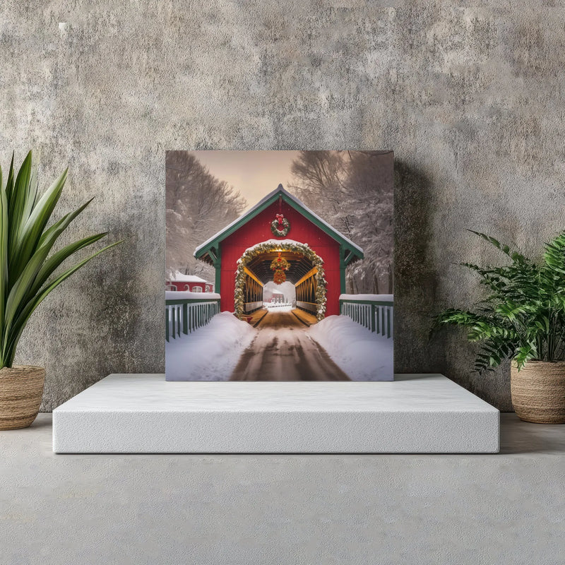 Snowy Red Barn Winter Landscape Poster, Christmas Covered Bridge Canvas Print, Holiday Wall Art, Digital Download Farmhouse Xmas Decor