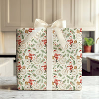 Vintage Bike Riding Santa Gift Wrap, Bicycle Santa Wrapping Paper, Watercolor Holly Berry Paper, Christmas Present Wrapping Paper Roll