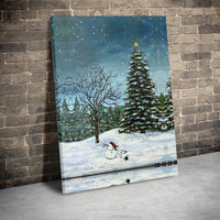 Snowy Christmas Tree Scene Print, Christmas Snowman Winter Landscape Canvas Wall Art, Holiday Christmas Wall Art, Art Digital Download