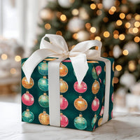 Retro Christmas Gift Wrap Roll, Disco Ball Ornament Wrapping Paper, Multicolor Holiday Present Paper, Dark Green Festive Gift Wrapping