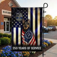 German Shepherd Thin Blue Line Garden Flag | 250 Years Police Service Commemorative | Double-Sided Polyester | Law Enforcement Support Gift