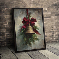 Vintage Gold Bell Evergreen Red Bow Canvas Print, Christmas Bell Canvas Wall Art, Traditional Holiday Canvas Decor, Digital Download