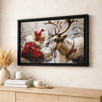 Snowy Winter Forest Canvas, Santa Claus Petting Reindeer Canvas Art, Christmas Holiday Wall Decor, Vintage Santa Canvas Print, Xmas Present