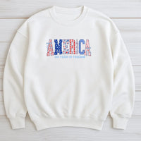 America 250 Years of Freedom Sweatshirt | Patriotic Patchwork Letter Design | Soft Cotton Polyester Blend | 4th of July Gift for Patriots