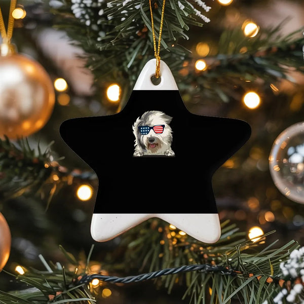 Patriotic Dog Christmas Ornament, Old English Sheepdog Ceramic Star Ornament, USA Flag Sunglasses Ornament, Holiday Dog Lover