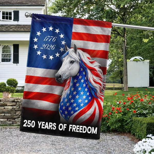 Patriotic White Horse Garden Flag | 250 Years of Freedom 1776-2026 | Double-Sided Premium Polyester | Americana Farmhouse Decor