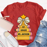 Custom Holiday Teacher T-Shirt, Personalized Christmas Tree Grade Shirt, Festive School Season Graphic Tee, Winter Educator Present