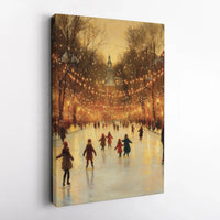 Impressionist City Street Canvas Print, Winter Ice Skating Canvas Art, Comfy Christmas Scene Wall Decor, Seasonal Winter Holiday Canvas Present