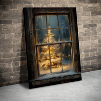 Rustic Winter Holiday Wall Art, Christmas Tree Snowy Window Canvas, Comfy Snowy Tree Canvas Art, Frameless Holiday Canvas, Winter Home Present