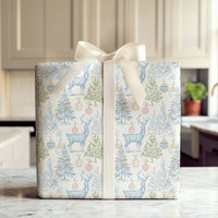 Vintage Toile Holiday Gift Wrap, Blue Reindeer Toile Christmas Wrapping Paper, Elegant Deer Tree Gift Wrapping Paper, Winter Present Paper