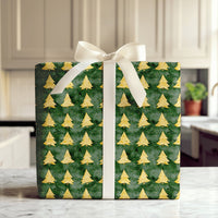 Watercolor Holiday Gift Wrap, Gold Christmas Tree Wrapping Paper, Dark Green Winter Wrapping Paper, Elegant Forest Xmas Gift Wrap Roll