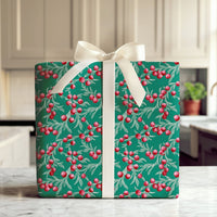 Botanical Winterberry Gift Wrap, Christmas Wrapping Paper, Red Berry Holiday Wrapping Paper, Dark Green Christmas Gift Wrapping Paper Roll