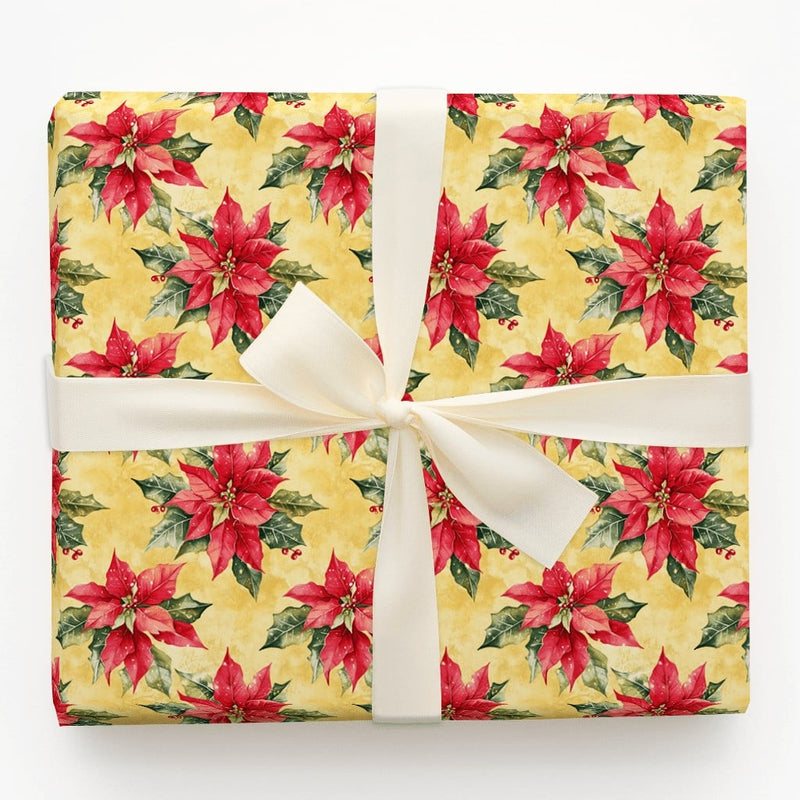 Vintage Christmas Floral Gift Wrap, Red Poinsettia Wrapping Paper, Botanical Holly Berry Present Wrap, Holiday Winter Gift Wrapping Paper