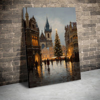 Vintage City Square Winter Wall Art, Snowy European Christmas Market Canvas Art, Comfy Holiday Town Canvas Print, Seasonal Xmas Home Decor