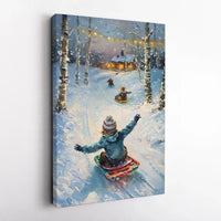 Snowy Birch Forest Canvas Print, Kids Sledding Winter Canvas Wall Art, Nostalgic Holiday Oil Painting Wall Decor, Christmas Cabin Art