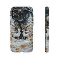 3D Relief Snowy Forest Moonlit Phone Cover, Winter Reindeer iPhone Case, Dual Layer Tough Phone Case, Christmas Holiday Present for Her