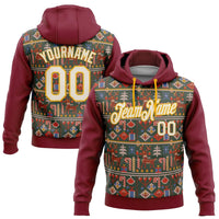 Crimson Cream Gold Holiday Hoodie, Custom Christmas Ugly Sweater Hoodie, Personalized Name Number Pullover Hoodie, Xmas Present
