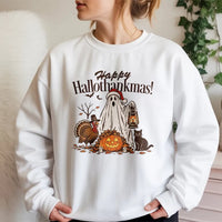 Humorous Ghost Santa Hat Crewneck, Happy Hallothankmas Sweatshirt, Halloween Thanksgiving Sweater, Spooky Christmas Pullover, Fall Winter Present