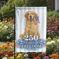 Patriotic Golden Retriever Garden Flag | Custom Name 250 Years of Freedom | Weather Resistant Double Sided | Gift for Dog Owner & US Patriot