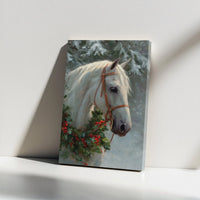 Christmas Holly Wreath Horse Print, White Horse Canvas Wall Art, Winter Farmhouse Horse Art Digital Download, Rustic Holiday Animal Decor