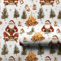 Rustic Sled and Pine Trees Gift Wrap, Campfire Santa Christmas Wrapping Paper, Outdoorsy Nature Santa Wrapping Paper, Holiday Wrapping Paper
