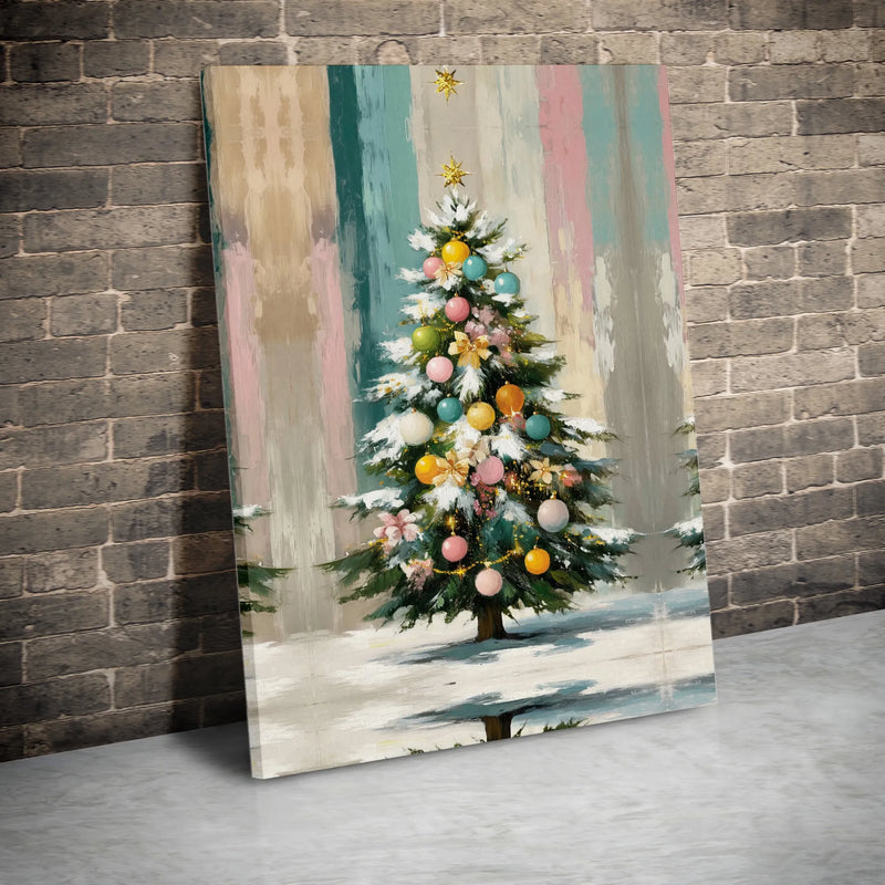 Whimsical Holiday Ornaments Print, Pastel Christmas Tree Canvas Wall Art, Festive Seasonal Digital Download, Winter Wonderland Home Decor