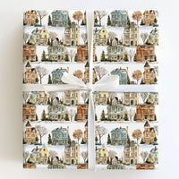 Watercolor Winter Village Gift Wrap, Victorian House Wrapping Paper, Snowy Town Holiday Wrapping Paper, Comfy Christmas Gift Wrap Paper Roll