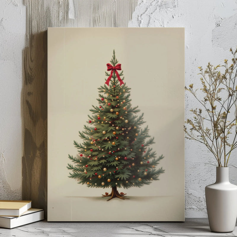 Red Bow Canvas Print, Vintage Christmas Tree Canvas Wall Art, Festive Holiday Wall Decor, Retro Xmas Tree Canvas, Winter Home Decor Present