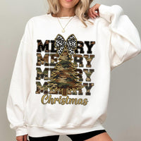 Rustic Leopard Bow Holiday Pullover, Merry Christmas Camo Tree Sweatshirt, Farmhouse Xmas Tree Crewneck, Adorable Winter Season Camo Sweater
