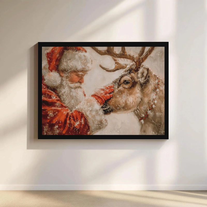 Whimsical Snowy Christmas Scene Poster, Santa Claus Reindeer Canvas Wall Art, Holiday Reindeer Art Print, Xmas Santa Art Digital Download