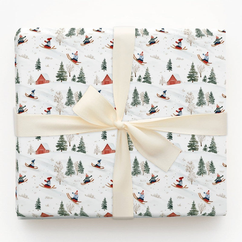 Sledding Kids Holiday Gift Wrap, Winter Skiing Christmas Wrapping Paper, Whimsical Snow Day Gift Wrapping Paper, Rustic Winter Present Paper