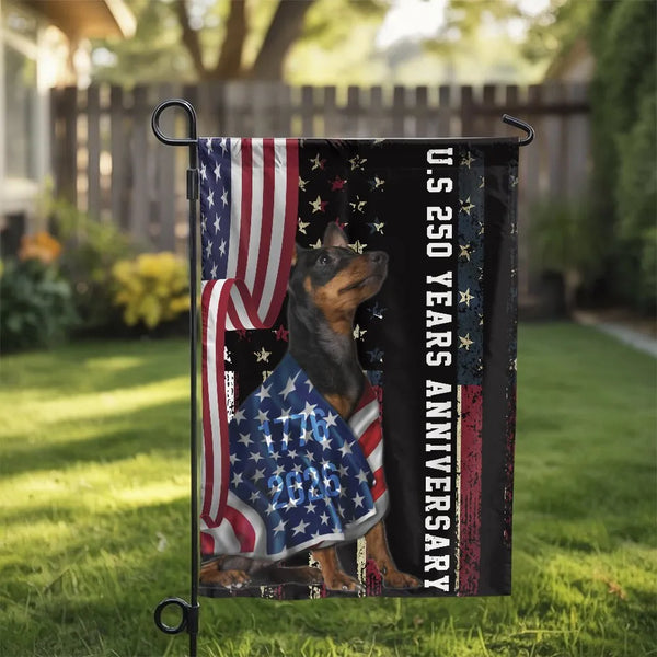 Patriotic Doberman Pinscher Garden Flag | US 250 Years Anniversary 1776-2026 | Double Sided Weather Resistant Polyester | American Pride Dog Lover Gift