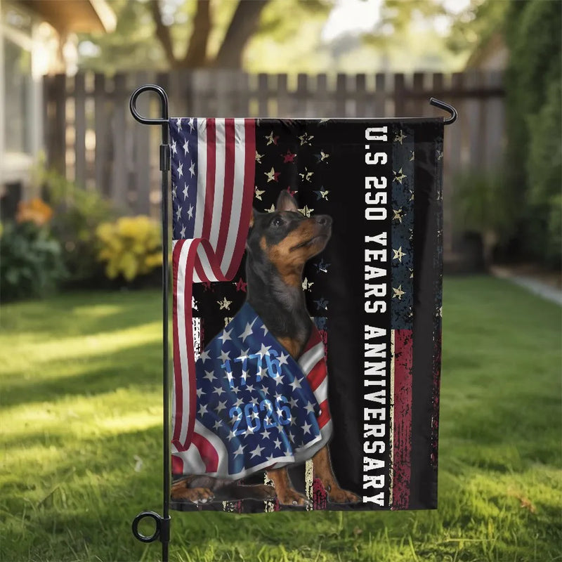 Patriotic Doberman Pinscher Garden Flag | US 250 Years Anniversary 1776-2026 | Double Sided Weather Resistant Polyester | American Pride Dog Lover Gift