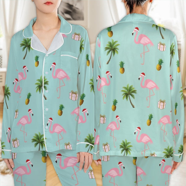 Christmas Flamingo Pajama Set, Tropical Flamingo Santa Satin Pajamas, Festive Holiday Loungewear, Silky Pajama Sleepwear, Xma