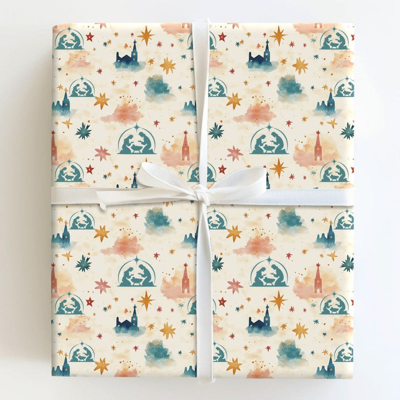 Holy Night Religious Gift Wrap, Nativity Christmas Wrapping Paper, Watercolor Christian Holiday Wrapping Paper, Jesus Manger Present Wrap