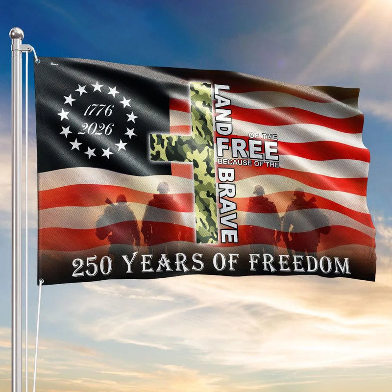 Betsy Ross 250 Years of Freedom House Flag | Land of the Free Veterans Memorial | Double-Sided Polyester Grommet Flag | Patriotic Home Decor Gift