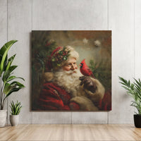 Vintage Christmas Oil Painting Art, Santa Claus Cardinal Bird Square Canvas, Santa Canvas Print, Holiday Wall Art Bird Lover Present
