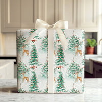 Snowy Forest Christmas Wrapping Paper, Watercolor Reindeer Wrapping Paper, Winter Tree Gift Wrap, Holiday Present Wrapping Paper