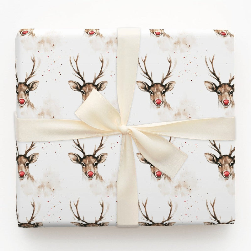 Watercolor Reindeer Gift Wrap, Red Nosed Reindeer Wrapping Paper, Festive Holiday Reindeer Paper Roll, Adorable Christmas Gift Wrapping Paper