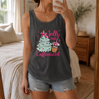 Christmas Coffee Tank, Jolly and Caffeinated Tank Top, Retro Holiday Tree Sleeveless Tee, Caffeinated Christmas Tank Top, Xmas Present
