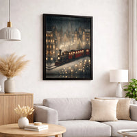 Snowy Winter Village Poster, Christmas Steam Train Wall Art, Holiday Season Locomotive Print, Festive Christmas Digital Download