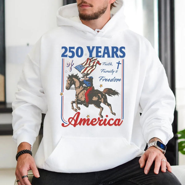 America 250 Years Hoodie | Patriotic Eagle & Horse Faith Family Freedom Design | Premium Cotton-Polyester Blend | Gift for Americana Collectors