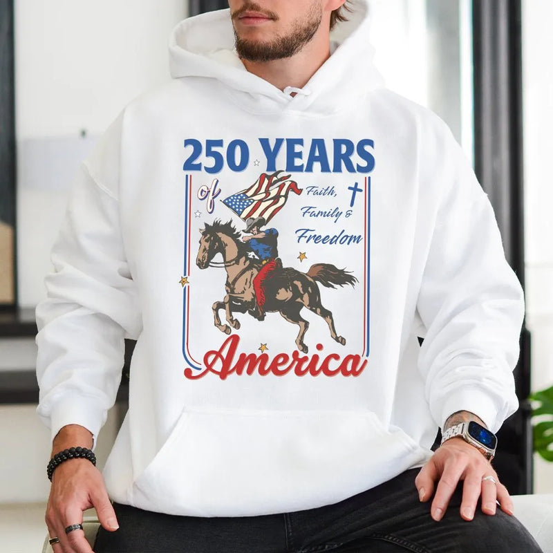 America 250 Years Hoodie | Patriotic Eagle & Horse Faith Family Freedom Design | Premium Cotton-Polyester Blend | Gift for Americana Collectors