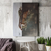 Rustic Winter Pine Branch Wall Art, Vintage Wooden Sled Canvas, Farmhouse Christmas Poster, Holiday Winter Decor Canvas Print, Seasonal Present